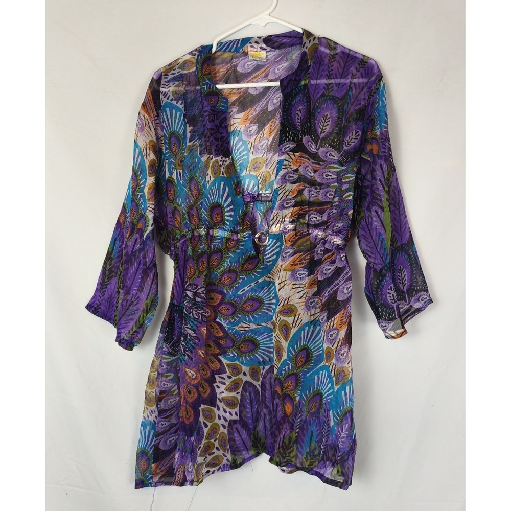 Rima Beachworld Peacock Sheer Cover Up Metal Bling SZ L/XL Beach Vacation Cruise